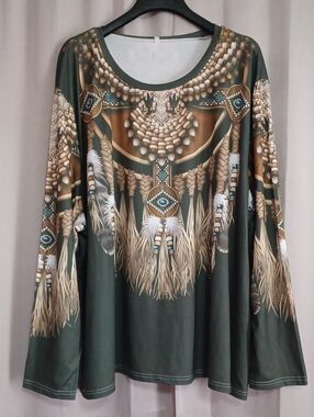 Native American Tribal Style Long Sleeve Crewneck Stretch Knit Graphic Top Plus
